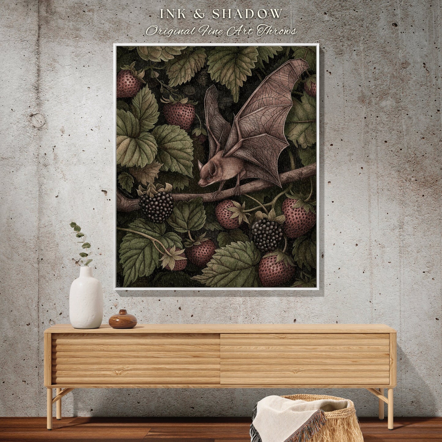 Strawberry Bat Botanical Throw Blanket | Dark Academia Woodland Wall Art Gothic Bedroom Decor Astrology Bat Wall Hanging Tapestry Whimsigoth