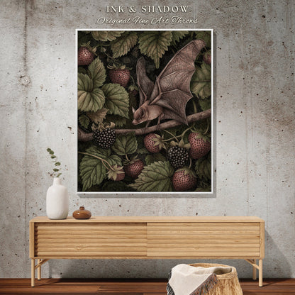 Strawberry Bat Botanical Throw Blanket | Dark Academia Woodland Wall Art Gothic Bedroom Decor Astrology Bat Wall Hanging Tapestry Whimsigoth