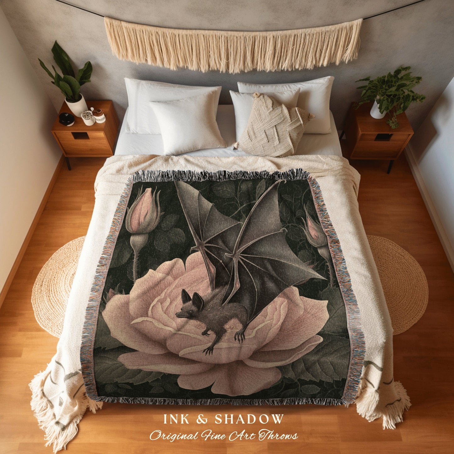 Magical Bat Whimsical Rose Blanket | Dusty Rose Tapestry Woven Throw Victorian Gothic Bedroom Decor Woodland Ethereal Botanical Witchy Goth