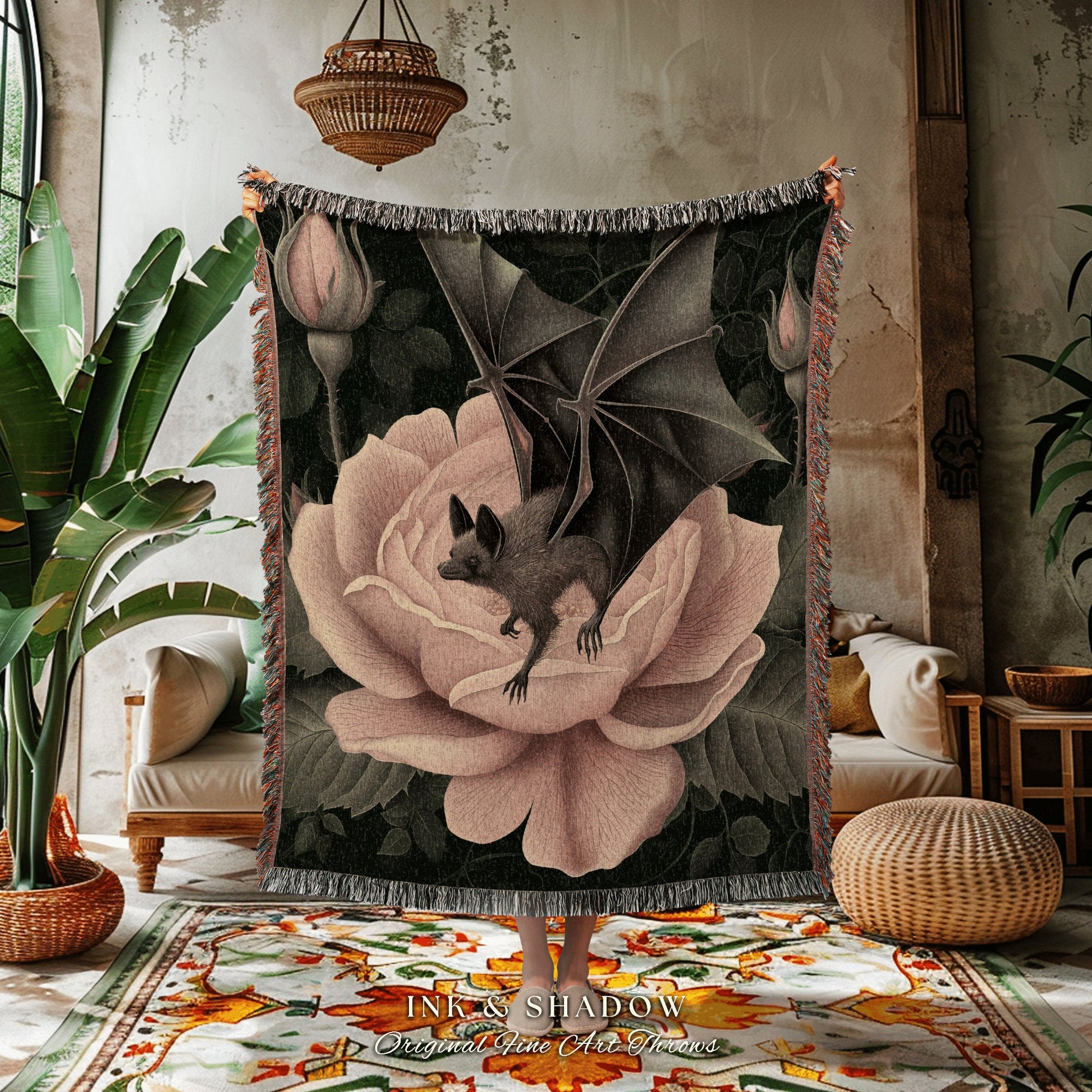 Magical Bat Whimsical Rose Blanket | Dusty Rose Tapestry Woven Throw Victorian Gothic Bedroom Decor Woodland Ethereal Botanical Witchy Goth