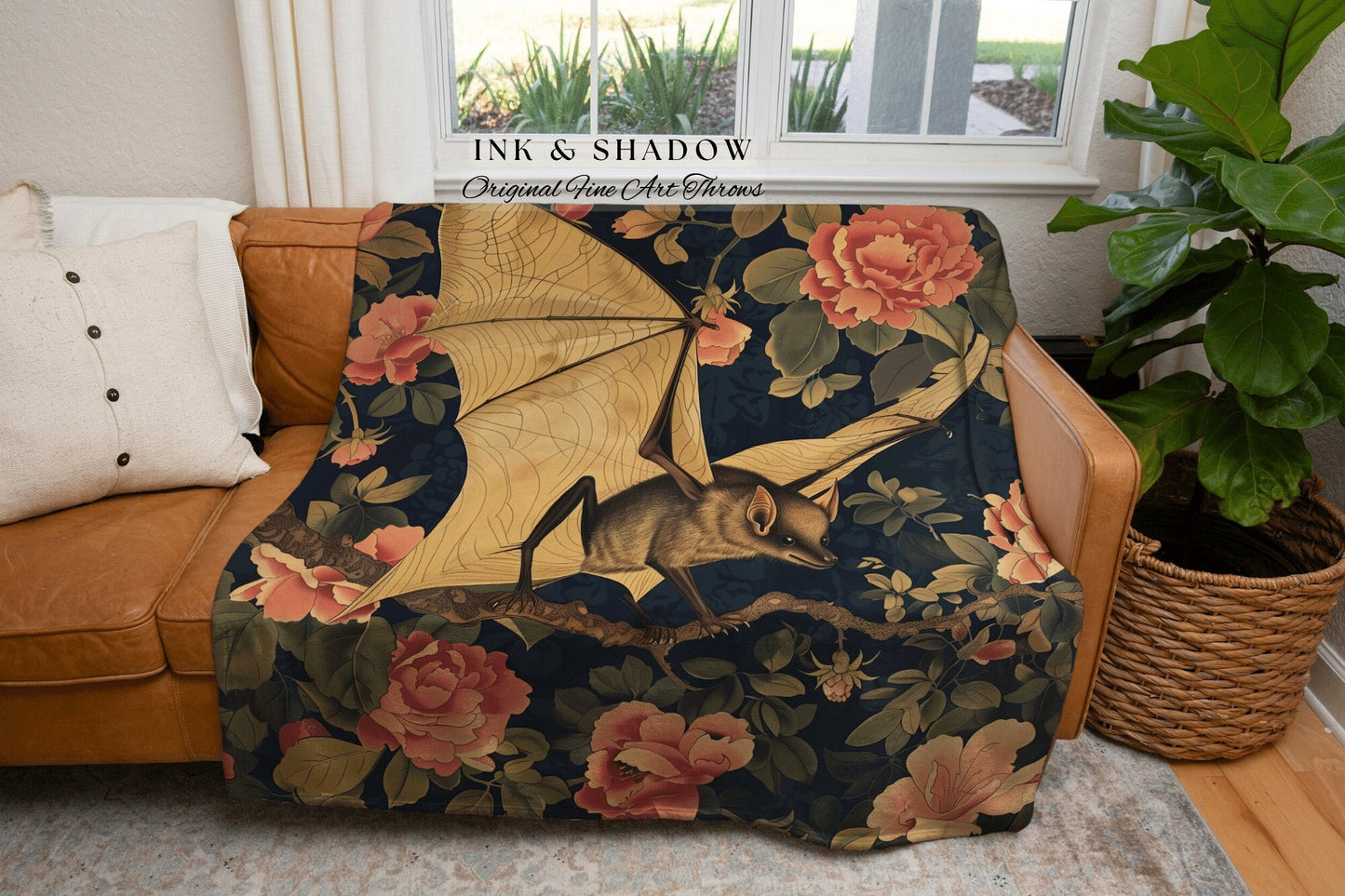 Ethereal Bat Throw Blanket Soft Cottagecore Floral Gothic Wall Tapestry Throw Botanical Bedroom Decor Bat Lovers Art Whimsical Dark Academia