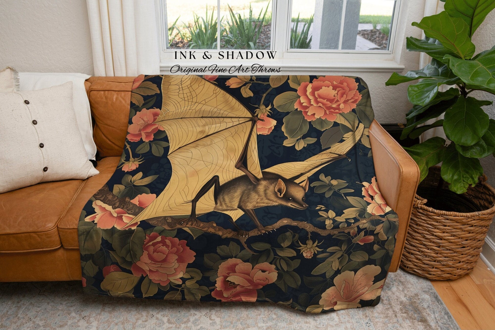 Ethereal Bat Throw Blanket Soft Cottagecore Floral Gothic Wall Tapestry Throw Botanical Bedroom Decor Bat Lovers Art Whimsical Dark Academia