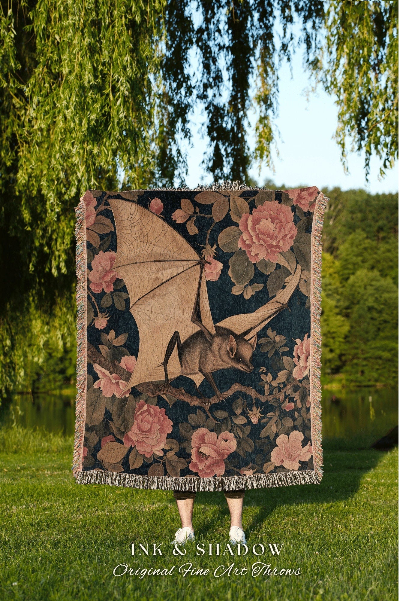 Ethereal Bat Throw Blanket Soft Cottagecore Floral Gothic Wall Tapestry Throw Botanical Bedroom Decor Bat Lovers Art Whimsical Dark Academia