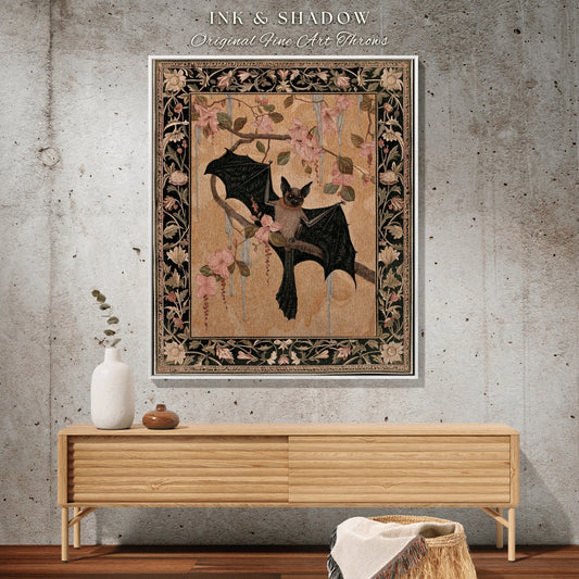 Crowcore Woven Bat Tapestry | Dark Floral Cottagecore Tapestry Crowcore Wall Art Bedroom Decor Astrology Bat Colorful Wall Art Victorian |