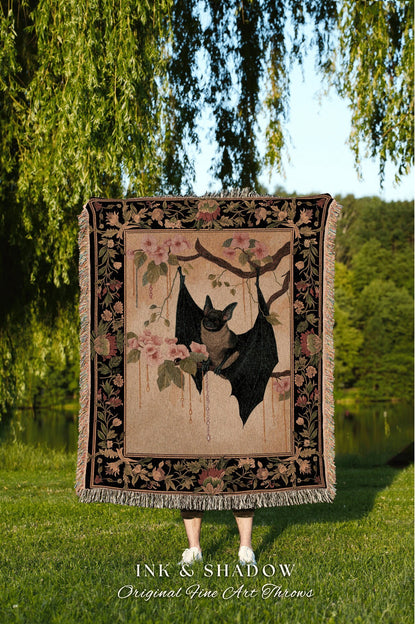 Mystic Bat Throw Blanket Woven | Woodland Gothic Tapestry Crowcore Bedroom Decor Housewarming Gift Bat Lover Wall Art Whimsigoth Victorian