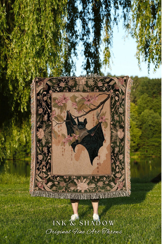 Whimsigoth Tapestry Bat Blanket Gothic | Pastel Cottagecore Throw Blanket Fairycore Wall Art Bedroom Decor Dark Woodland Bat Ornate Decor |