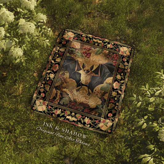 Ornate Floral Gothic Bat Picnic Blanket | Victorian Tapestry Crowcore Wall Art Bedroom Decor Astrology Bat Colorful Wall Art Whimsical Art |