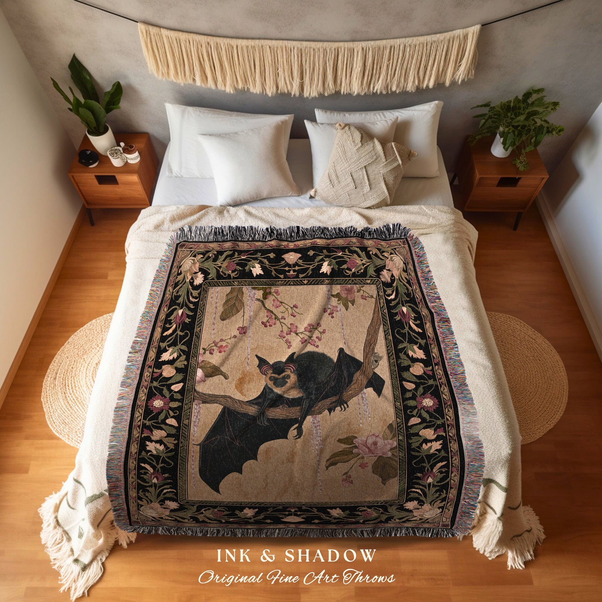 Elegant Throw Blanket Bat Lover Decor | Celestial Tapestry Woven Blanket Victorian Gothic Bedroom Decor Woodland Ethereal Botanical Gothic |