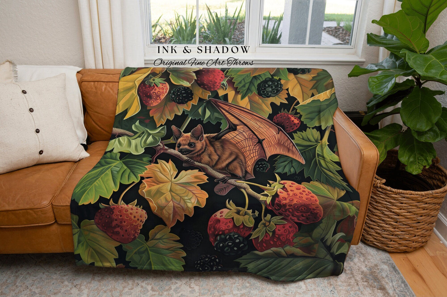 Berry Bat Woodland Tapestry Woven Dark Cottagecore Blanket Housewarming Gift | Forestcore Fall Bat Vintage Aesthetic Rustic Cottagegoth Art