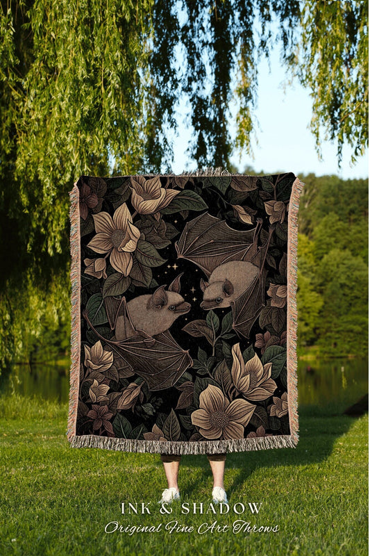 Celestial Bat Tapestry Woven | Woodland Gothic Tarot Blanket Crowcore Bedroom Decor Housewarming Gift Bat Lover Art Whimsigoth Victorian |