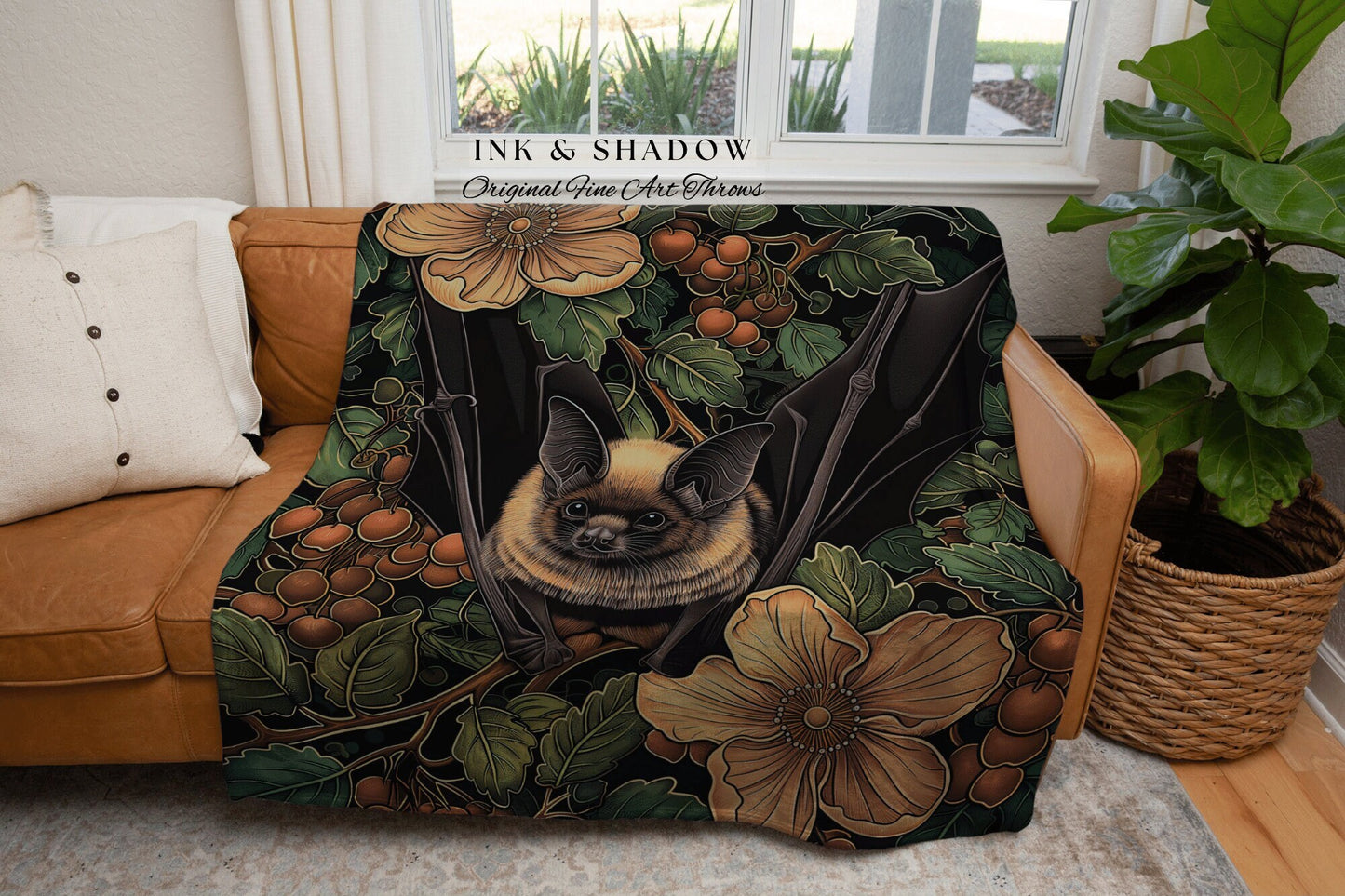 Dark Woodland Bat Picnic Blanket | Gothic Tapestry Pastel Wall Art Bedroom Decor Astrology Bat Wall Art Whimsical Dark Floral Bedding Goth |