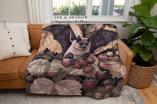 Dark Botanical Outdoor Picnic Blanket | Cottagecore Blanket Crowcore Bedroom Decor Housewarming Gift Bat Lover Colorful Wall Art Victorian