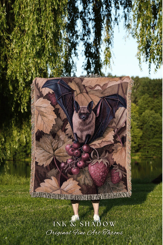 Earthy Botanical Bat Blanket Woven | Cozy Cottagecore Throw Blanket Fairycore Wall Art Bedroom Decor Dark Woodland Bat Autumn Inspired Art