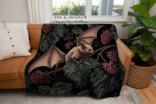 Dark Botanical Bat Blanket Cozy Decor | Whimsigoth Cottagecore Tapestry Woven Throw Victorian Gothic Bedroom Woodland Ethereal Botanical |