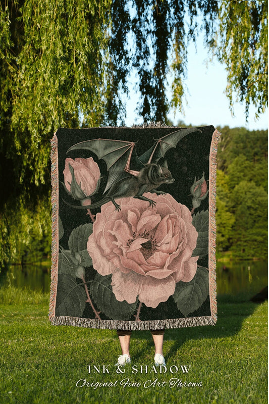 Gothic Rose Bat Dark Throw Blanket | Cottagecore Blanket Woven Throw Victorian Gothic Bedroom Decor Woodland Ethereal Botanical Whimsigoth