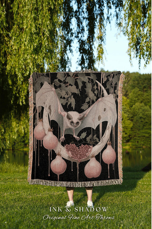 Witchy Aesthetic Lunar Bat Pomegranate Blanket | Celestial Blanket Woven Tapestry Victorian Wall Art Bedroom Decor Woodland Art Ethereal |