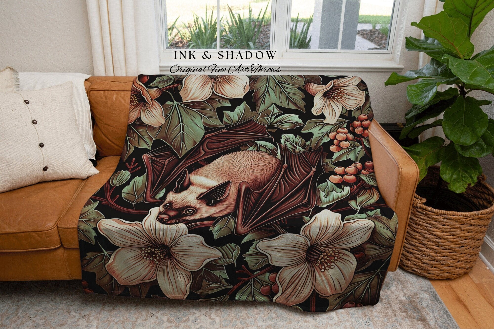 Woodland Floral Bat Picnic Blanket | Cottagecore Blanket Woven