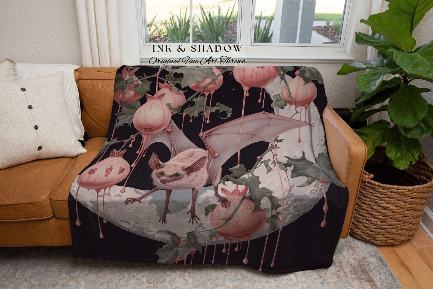 Moon Bat Pomegranate Blanket Woven | Celestial Tapestry Woven Throw Victorian Gothic Bedroom Decor Woodland Ethereal Botanical Witchy Goth