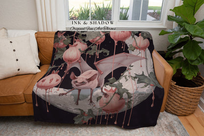 Moon Bat Pomegranate Blanket Woven | Celestial Tapestry Woven Throw Victorian Gothic Bedroom Decor Woodland Ethereal Botanical Witchy Goth