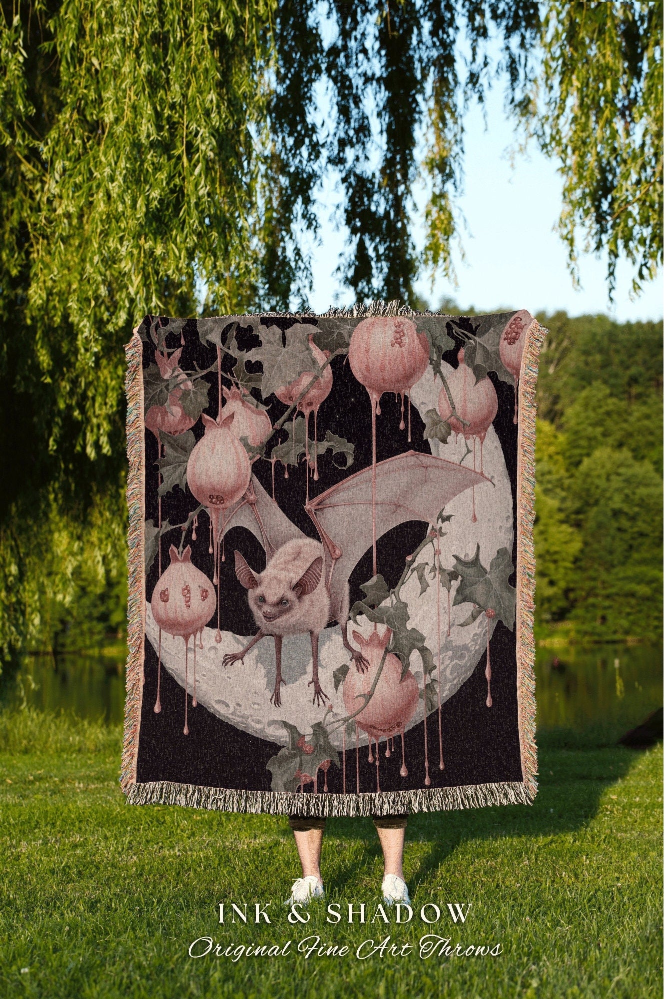 Moon Bat Pomegranate Blanket Woven | Celestial Tapestry Woven Throw Victorian Gothic Bedroom Decor Woodland Ethereal Botanical Witchy Goth