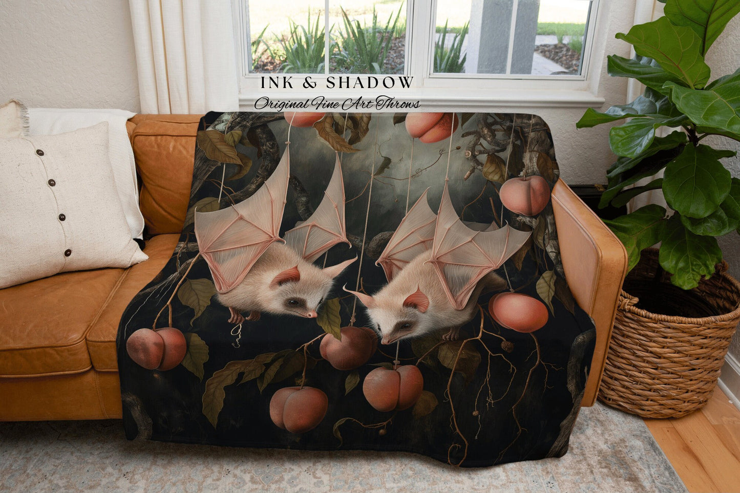 Whimsigoth Bat Blanket Cozy Throw | Celestial Tapestry Woven Blanket Victorian Gothic Bedroom Decor Woodland Ethereal Botanical Gothic Room