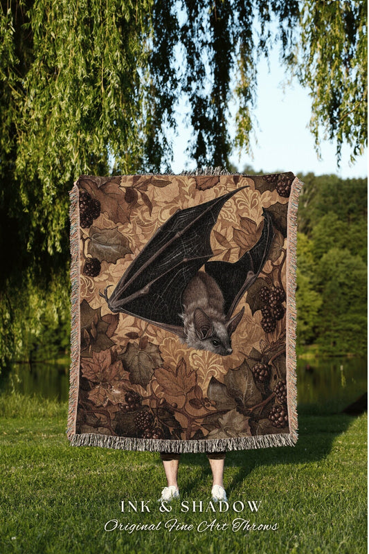 Berry Bat Blanket Cottagecore | Whimsical Gothic Cottagecore Blanket Woven Throw Autumn Aesthetic Bedroom Woodland Bat Botanical Throw |