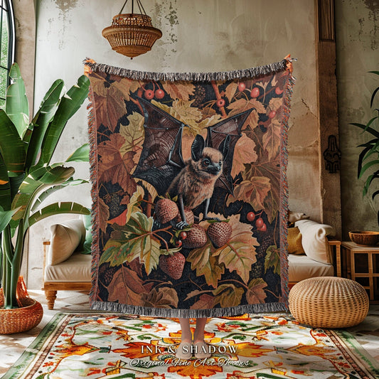 Warm Autumn Aesthetic Bat Blanket | Whimsical Gothic Cottagecore Blanket Woven Throw Autumn Aesthetic Bedroom Woodland Bat Botanical Throw