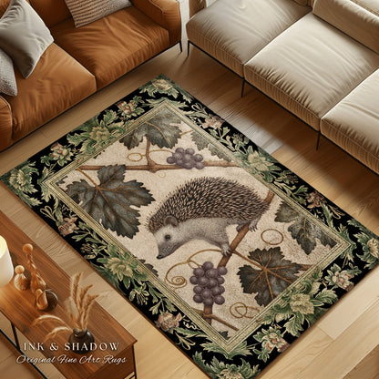 Mystic Botanical Hedgehog Rug | Whimsical Woodland Victorian Accent Rug Cozy Book Nook Cottagecore Rustic Bedroom Gift for Hedgehog Lover |