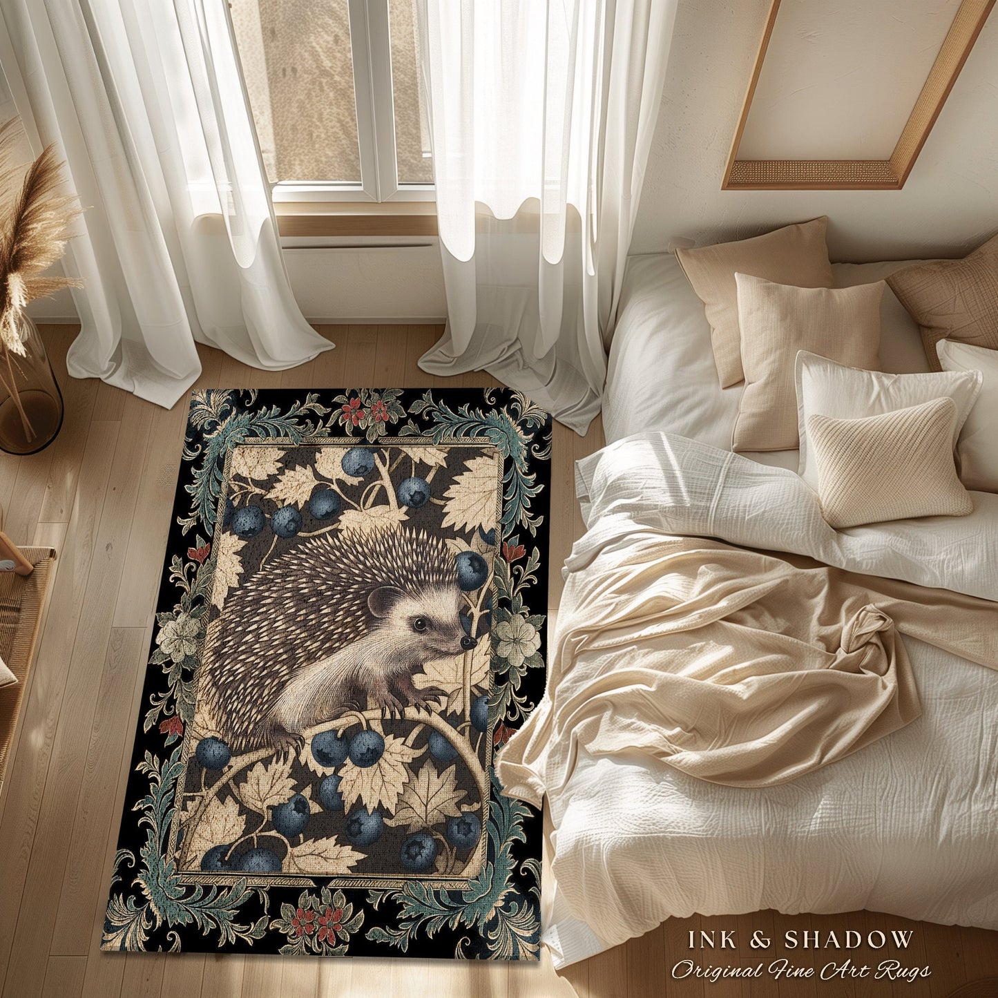 Victorian Gothic Hedgehog Rug | Dark Woodland Autumn Aesthetic Cozy Cottagecore Book Nook Accent Rug Dark Fairycore Room Hedgehog Lover |