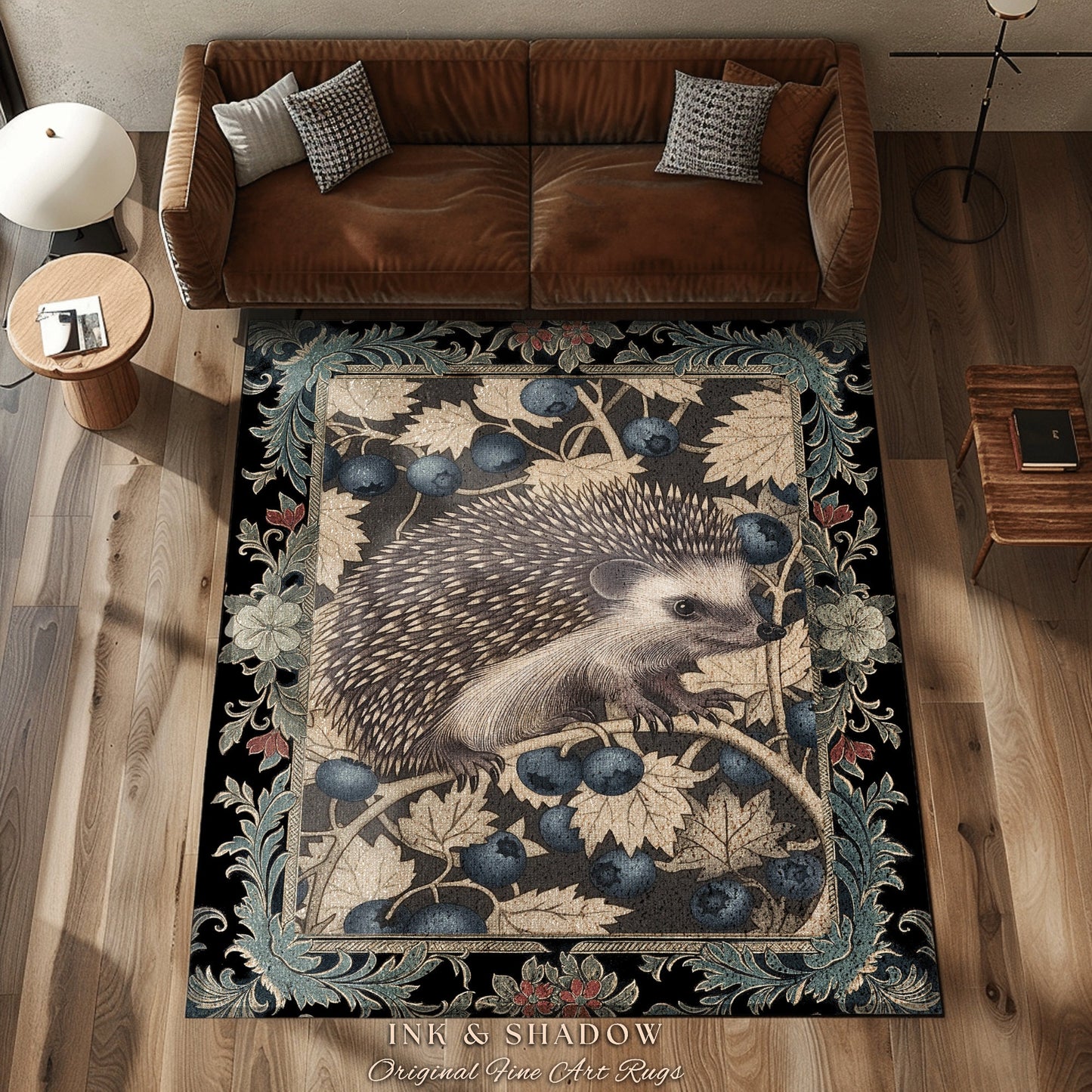 Victorian Gothic Hedgehog Rug | Dark Woodland Autumn Aesthetic Cozy Cottagecore Book Nook Accent Rug Dark Fairycore Room Hedgehog Lover |