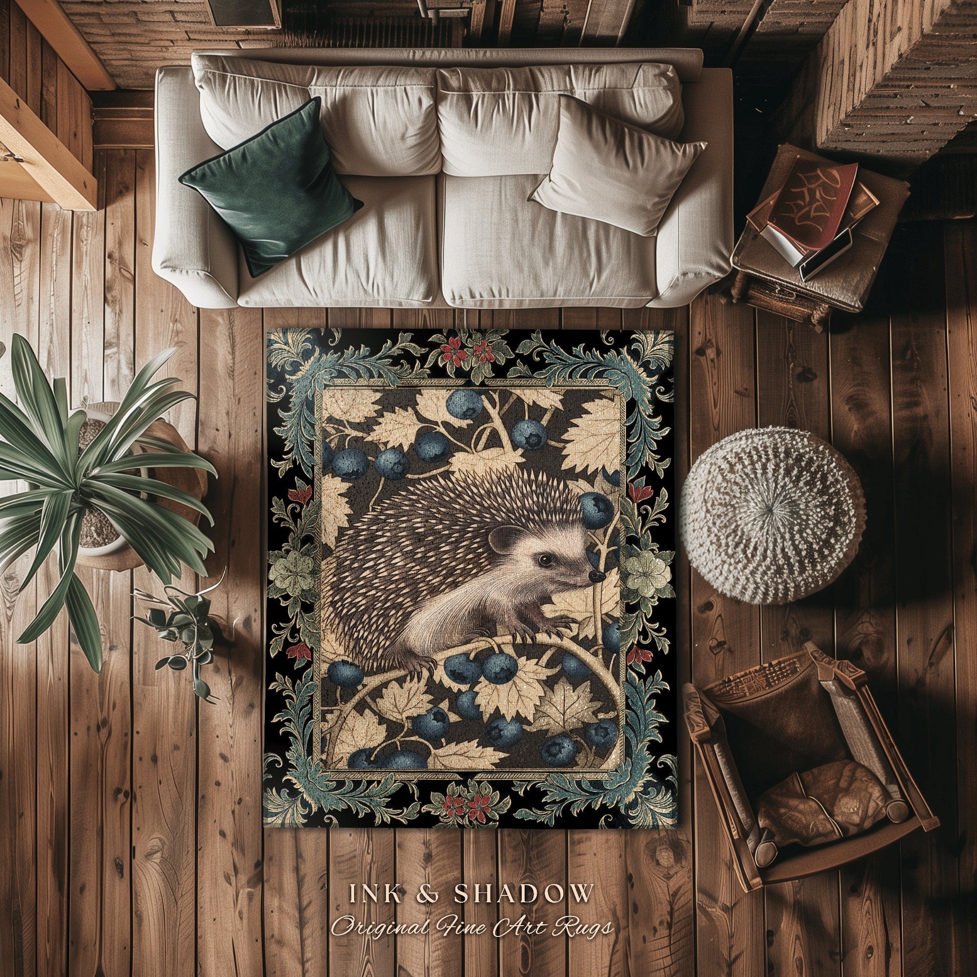 Victorian Gothic Hedgehog Rug | Dark Woodland Autumn Aesthetic Cozy Cottagecore Book Nook Accent Rug Dark Fairycore Room Hedgehog Lover |