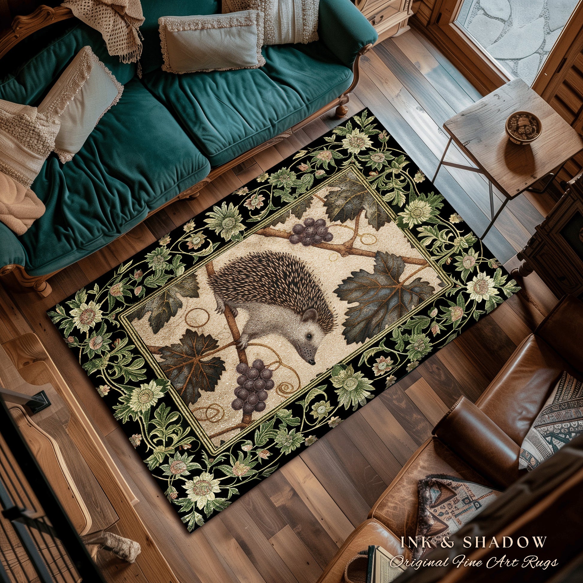 Maximalist Hedgehog Accent Rug | Whimsy Woodland Victorian Bedroom Cozy Cottagecore Rustic Decor Dark Fairy Grunge Aesthetic Hedgehog Art |