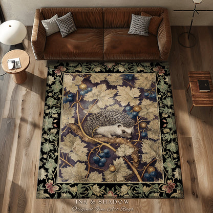 Ornate Hedgehog Area Rug | Whimsical Woodland Aesthetic Rustic Bedroom Decor Cozy Hedge Hog Artwork Housewarming Gift Hedgehog Lover Gift |