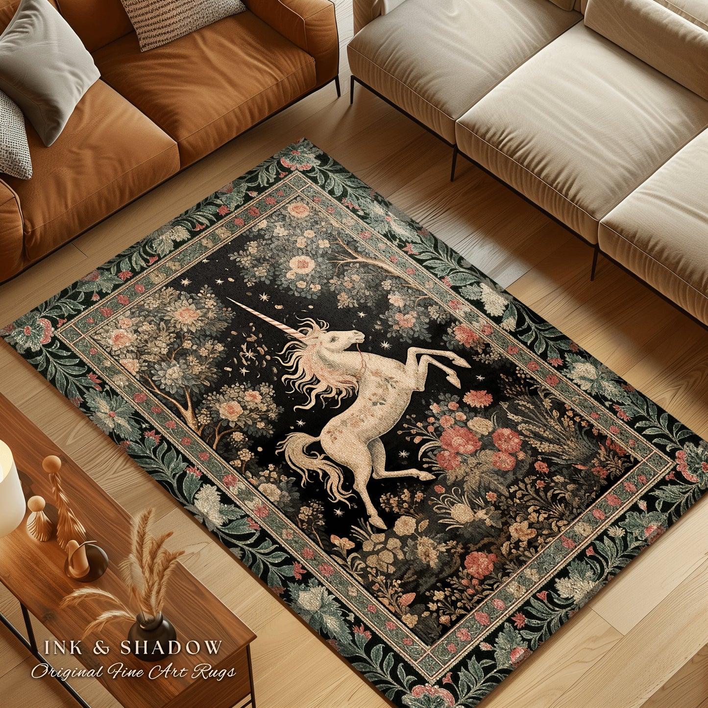 Mystical Folklore Unicorn Rug | Whimsical Room Decor Morris Inspired Cottagecore Aesthetic Pastel Floral Woodland Fairycore Area Rug Magical