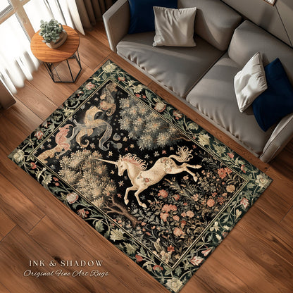 Ethereal Unicorn Whimsical Rug | Folklore Nursery Decor William Morris Inspired Cottagecore Aesthetic Fairy Woodland Pastel Magical Decor