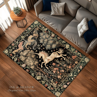 Ethereal Unicorn Whimsical Round Area Rug | Folklore Nursery Decor William Morris Inspired Cottagecore Aesthetic Woodland Pastel Magical |