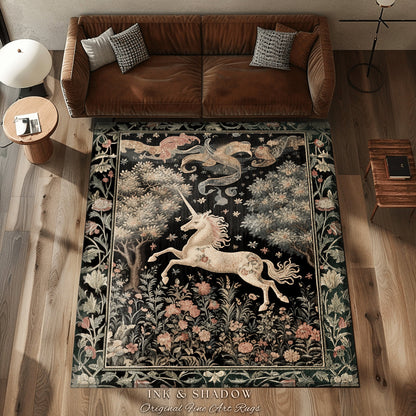 Ethereal Unicorn Whimsical Rug | Folklore Nursery Decor William Morris Inspired Cottagecore Aesthetic Fairy Woodland Pastel Magical Decor