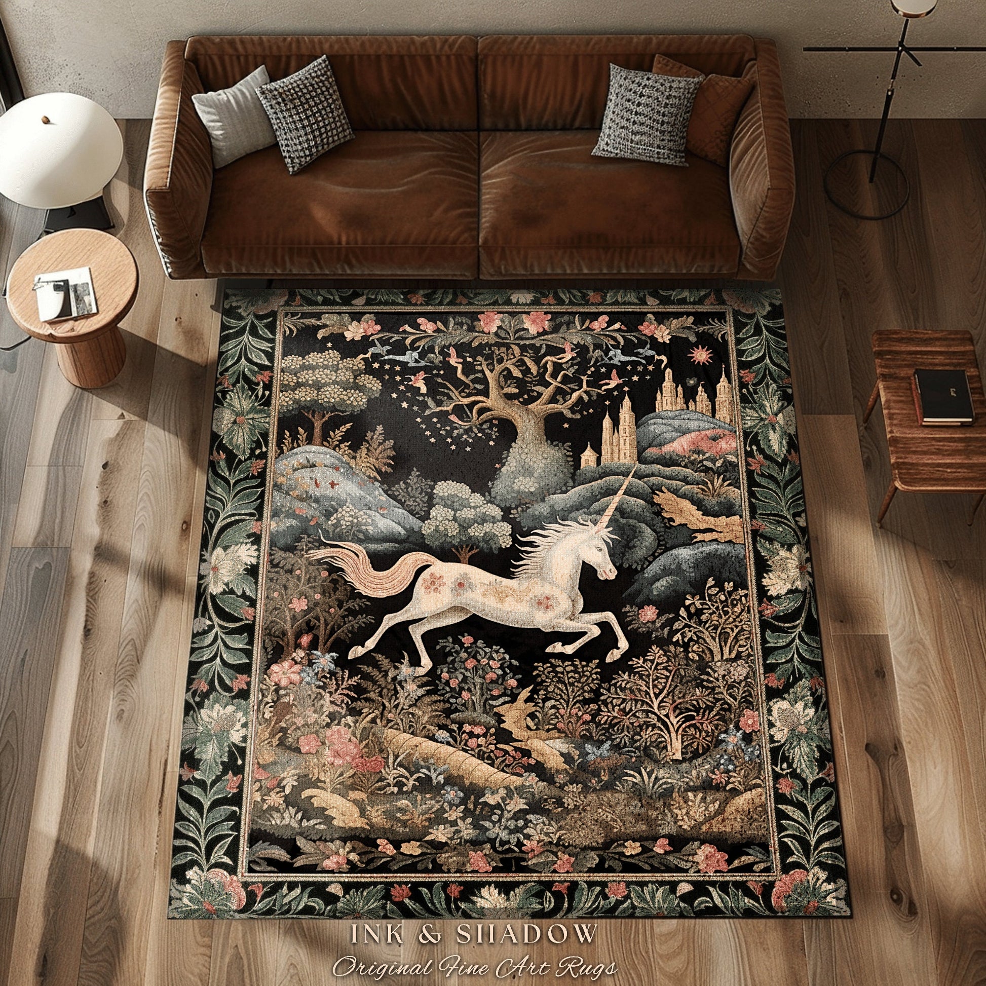 Fairytale Unicorn Floor Rug | Whimsical Fairy Folklore Aesthetic Room Decor Morris Inspired Cottagecore Cozy Fairycore Mystical Bedroom Rug