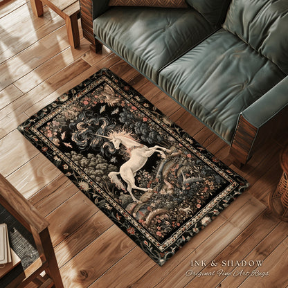 Enchanted Unicorn Accent Rug | Fairytale Aesthetic Nursery Decor Morris Style Cottagecore Fairycore Nursery Area Rug Mystical Storybook Art