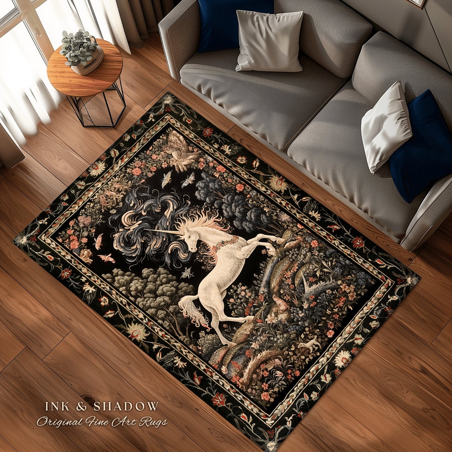 Enchanted Unicorn Accent Rug | Fairytale Aesthetic Nursery Decor Morris Style Cottagecore Fairycore Nursery Area Rug Mystical Storybook Art
