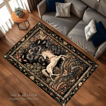 Enchanted Unicorn Accent Rug | Fairytale Aesthetic Nursery Decor Morris Style Cottagecore Fairycore Nursery Area Rug Mystical Storybook Art