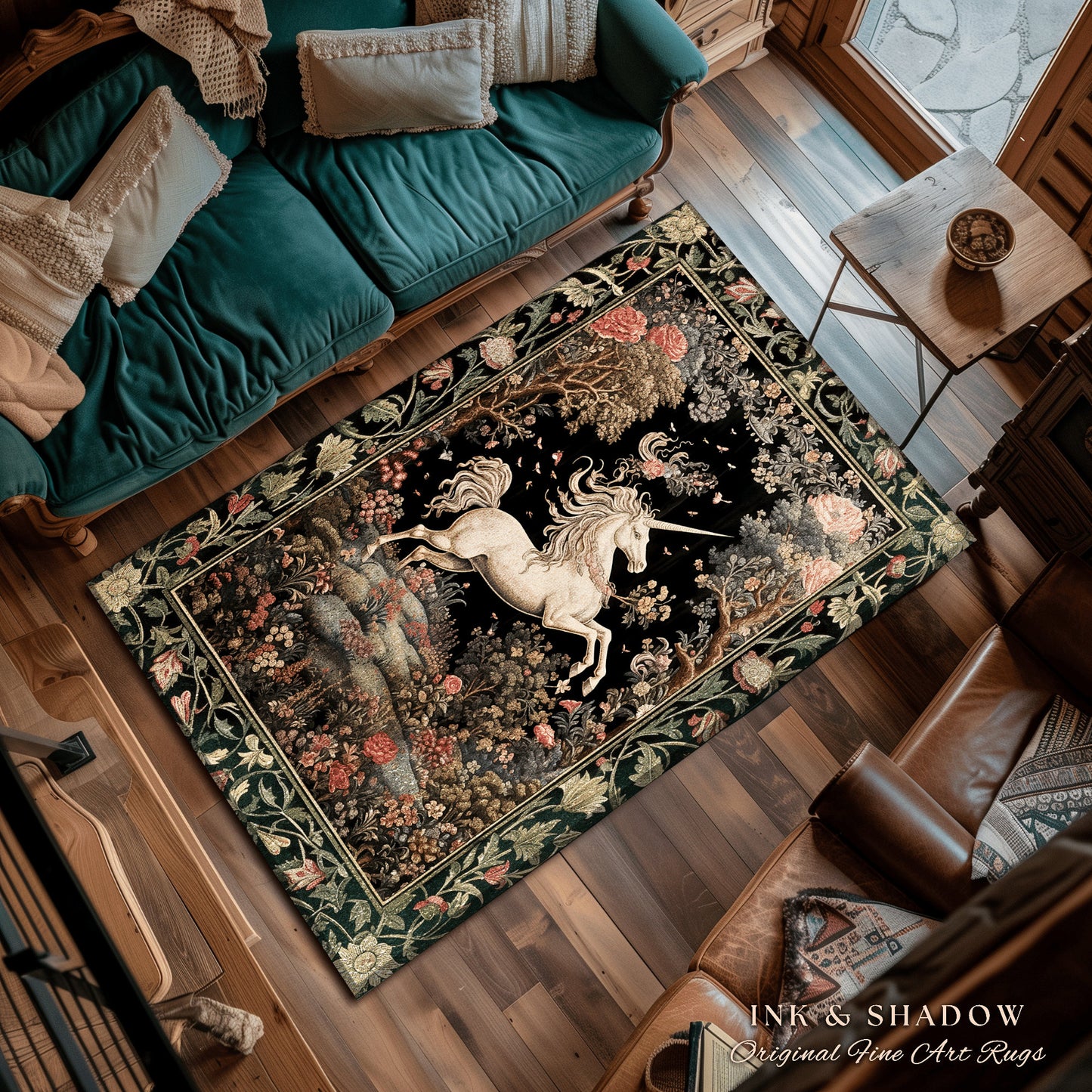 Unicorn Mystical Medieval Art Round Rug Folklore Whimsigothic Decor, Dark Cottagecore Mystic Grunge Fairycore Whimsical Witchy Home Accent |