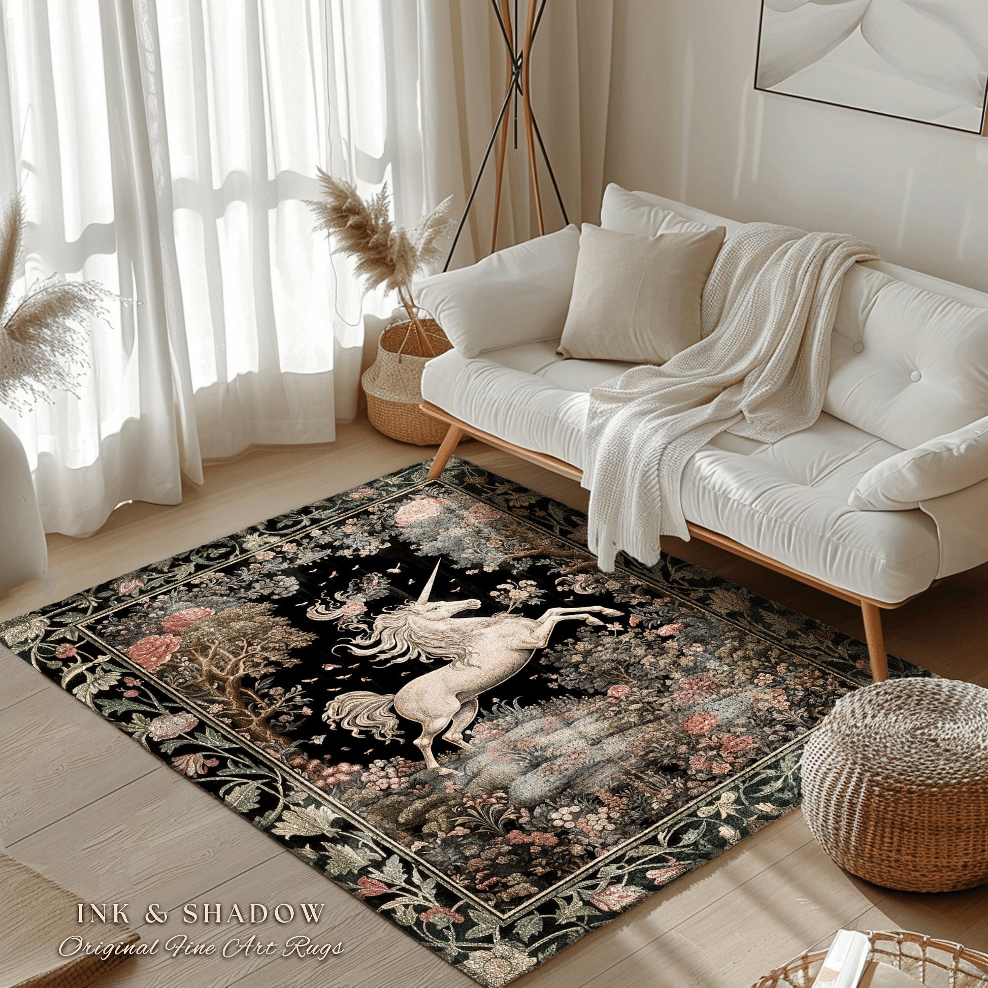 Unicorn Mystical Medieval Art Rug Folklore Whimsigothic Decor, Dark Cottagecore Mystic Grunge Fairycore Whimsical Witchy Home Accent Rug