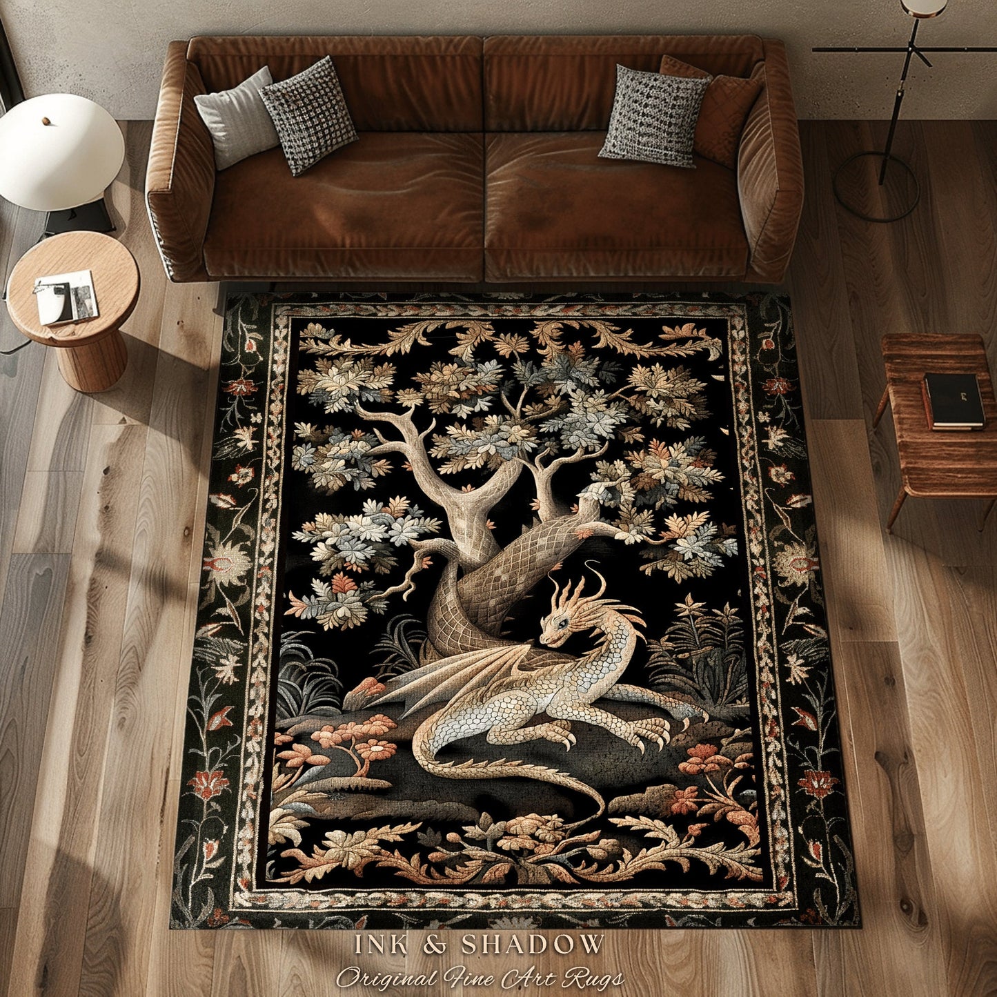 Medieval Aesthetic Dragon Rug | Ethereal Fairytale Inspired Nursery Decor Morris Style Cottagecore Aesthetic Fairycore Bedroom Botanical |