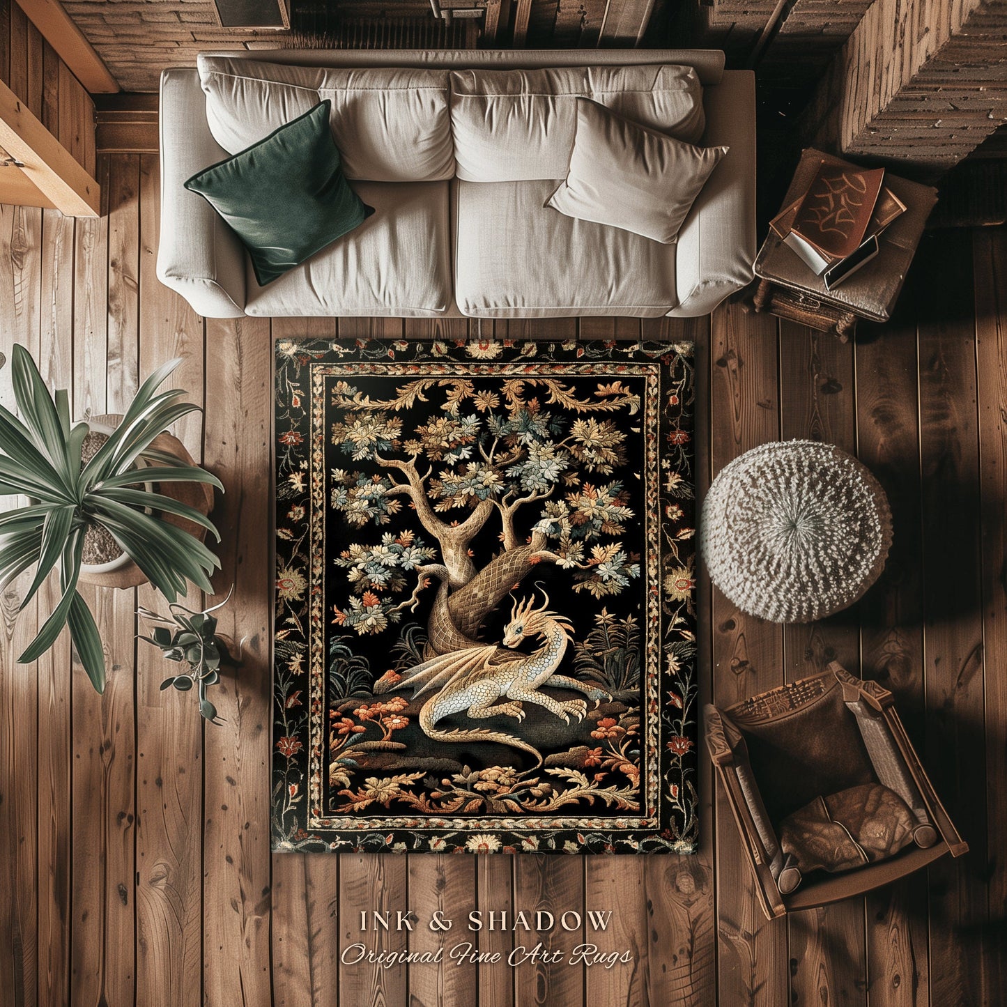 Medieval Aesthetic Dragon Rug | Ethereal Fairytale Inspired Nursery Decor Morris Style Cottagecore Aesthetic Fairycore Bedroom Botanical |