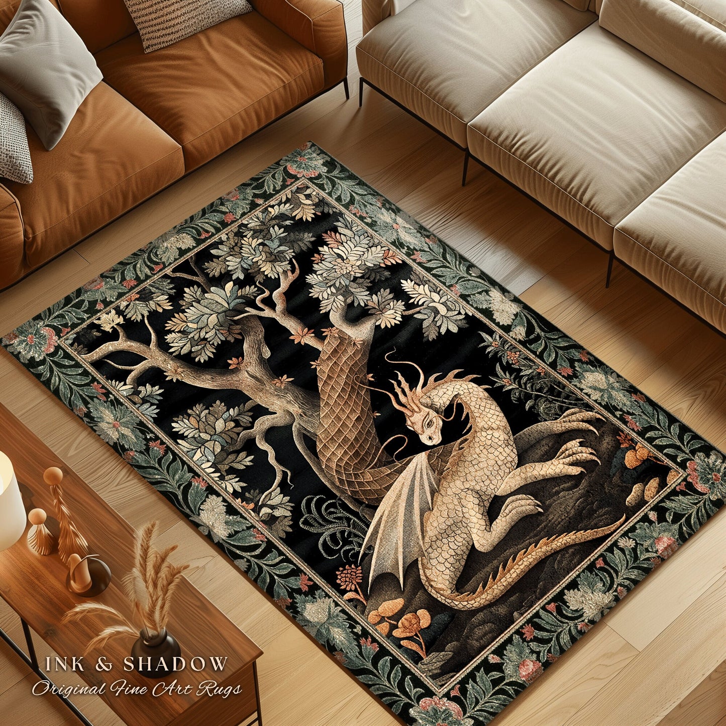 Dark Medieval Dragon Aesthetic Rug | Folklore Room Decor Fairytale Inspired DnD Gift Dark Cottagecore Fairycore Mystical Game Room Decor