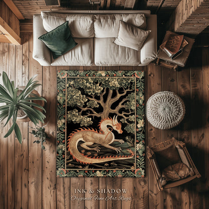 Mystic Medieval Dragon Area Rug | Gothic Home Decor Fairycore Bedroom Magical Aesthetic Maximalist Gift for Goths Woodland Dragon Lover Gift