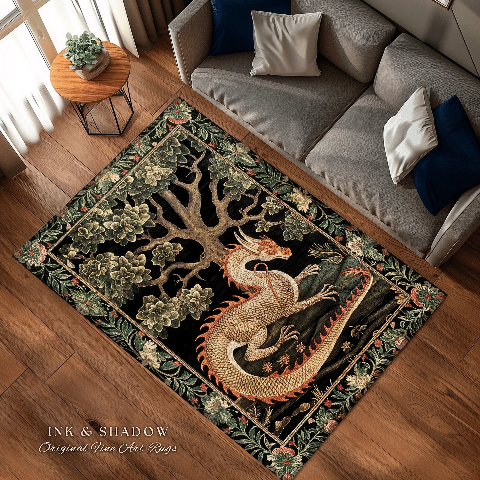 Mystic Medieval Dragon Area Rug | Gothic Home Decor Fairycore Bedroom Magical Aesthetic Maximalist Gift for Goths Woodland Dragon Lover Gift