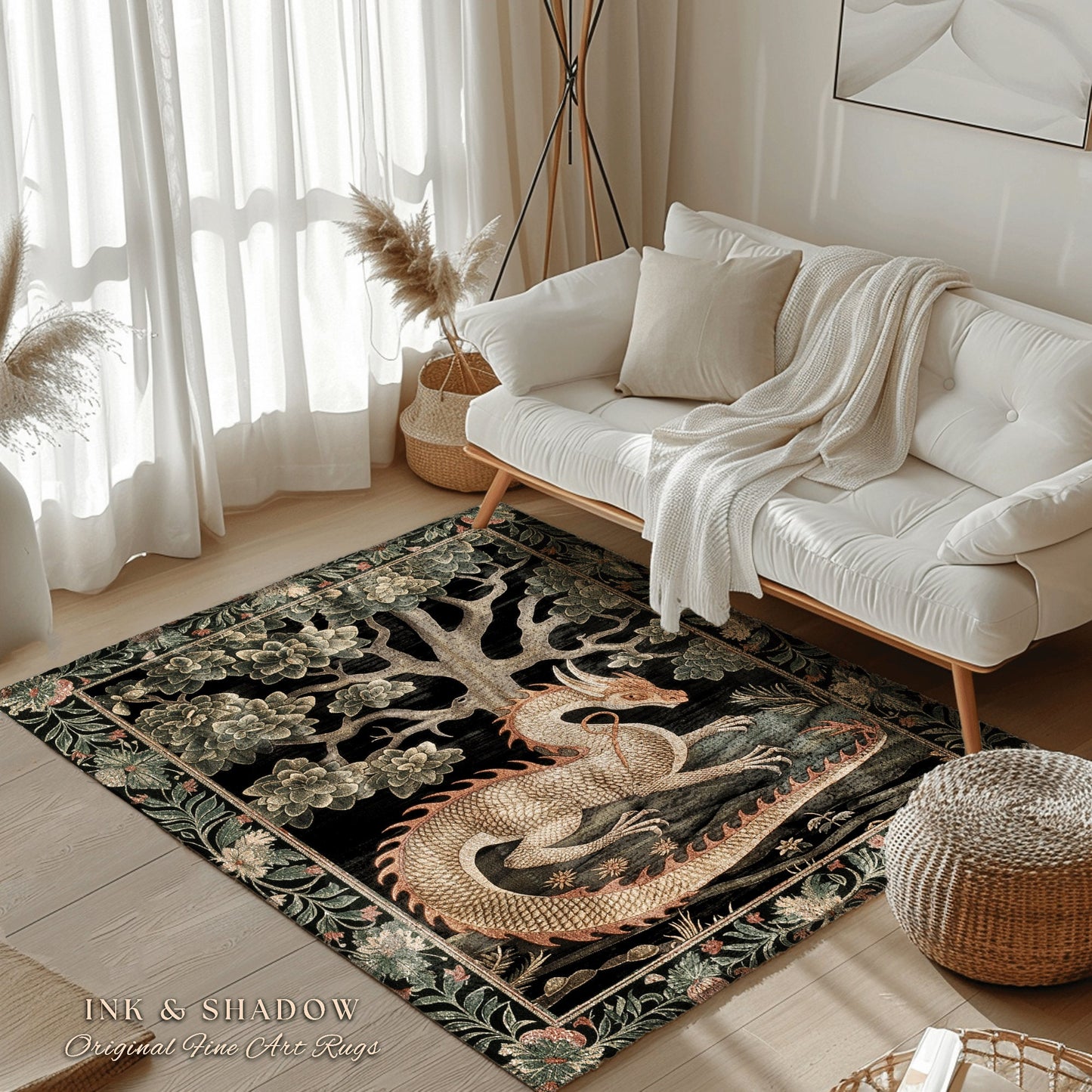 Mystic Medieval Dragon Area Rug | Gothic Home Decor Fairycore Bedroom Magical Aesthetic Maximalist Gift for Goths Woodland Dragon Lover Gift