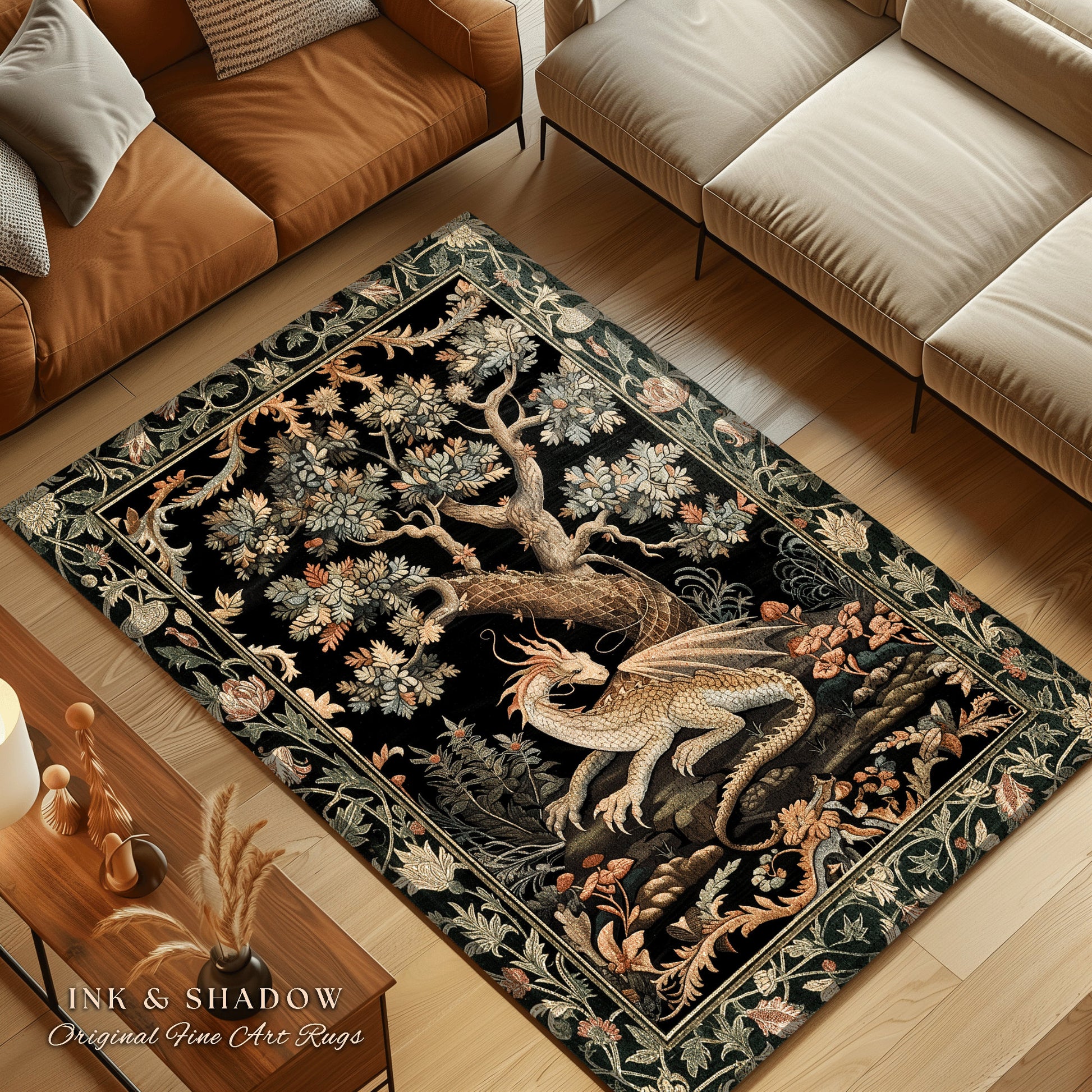 Fantasy Inspired Area Rug | Dark Academia Gothic Book Nook Decor Fairycore Bedroom Magical Dragon Aesthetic Maximalist Rug For Game Room |